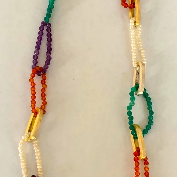 Green purple orange color semi-precious stones & pearls necklace metal bar rings - Picture 9 of 10